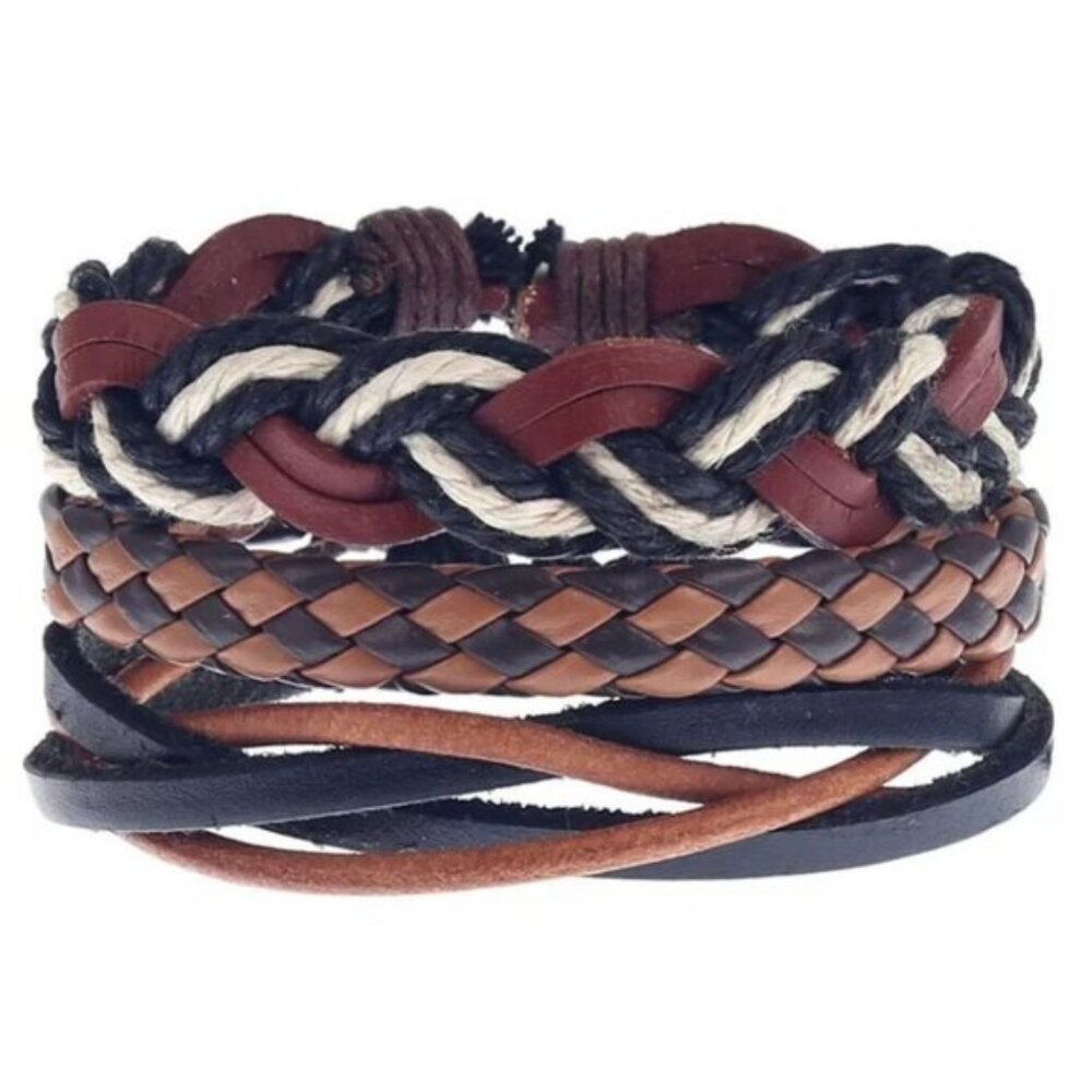 Men's Black & Brown Leather Braided Bracelet Set